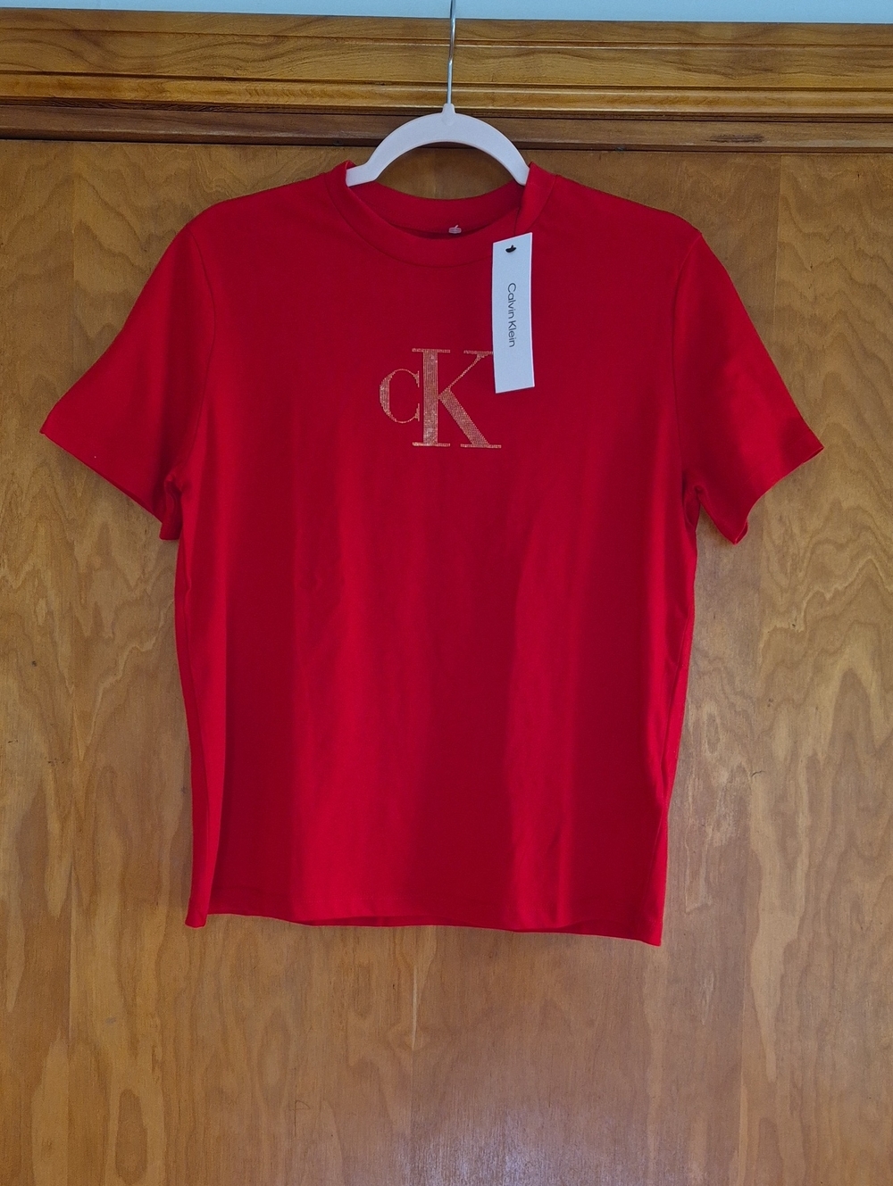 Calvin Klein 100% Cotton Red Tee with Gold CK Logo, size S